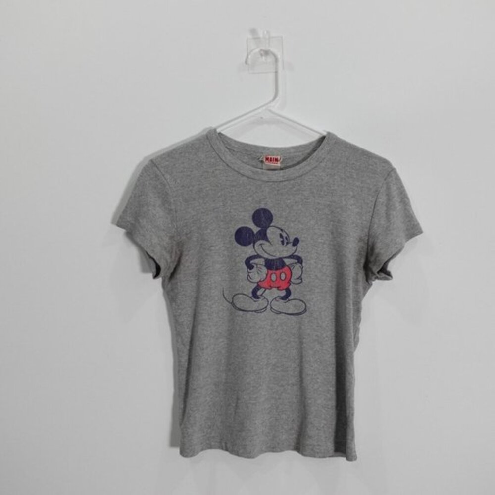 Vintage Mickey Mouse T Shirt‎ Womens SMALL Gray Crop Tee Disney MAINSTREET